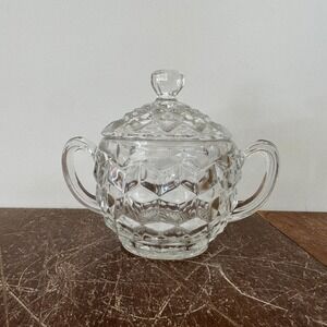 Fostoria American Clear Glass Sugar Bowl With Lid Cubist Diamond Pattern Handles